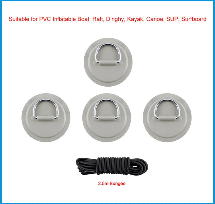 4pcs D Ring Pad PVC Patch Boat Deck Rigging with 2.5m Black Elastic Bungee Rope Inflatable Stand Up Paddle Board SUP Accessories
